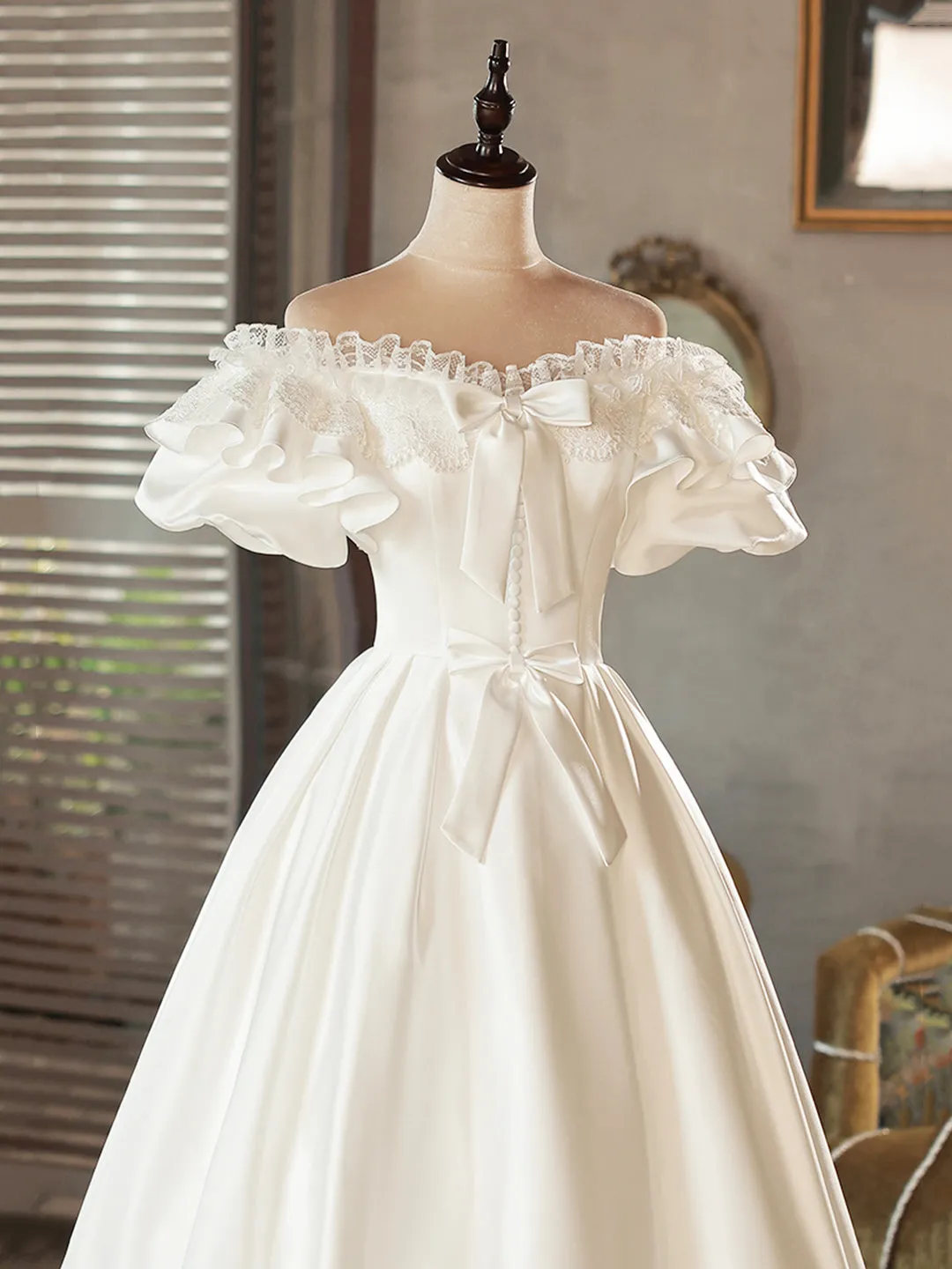 White Satin Lace Short Prom Dress White Evening Dress Wedding Dress