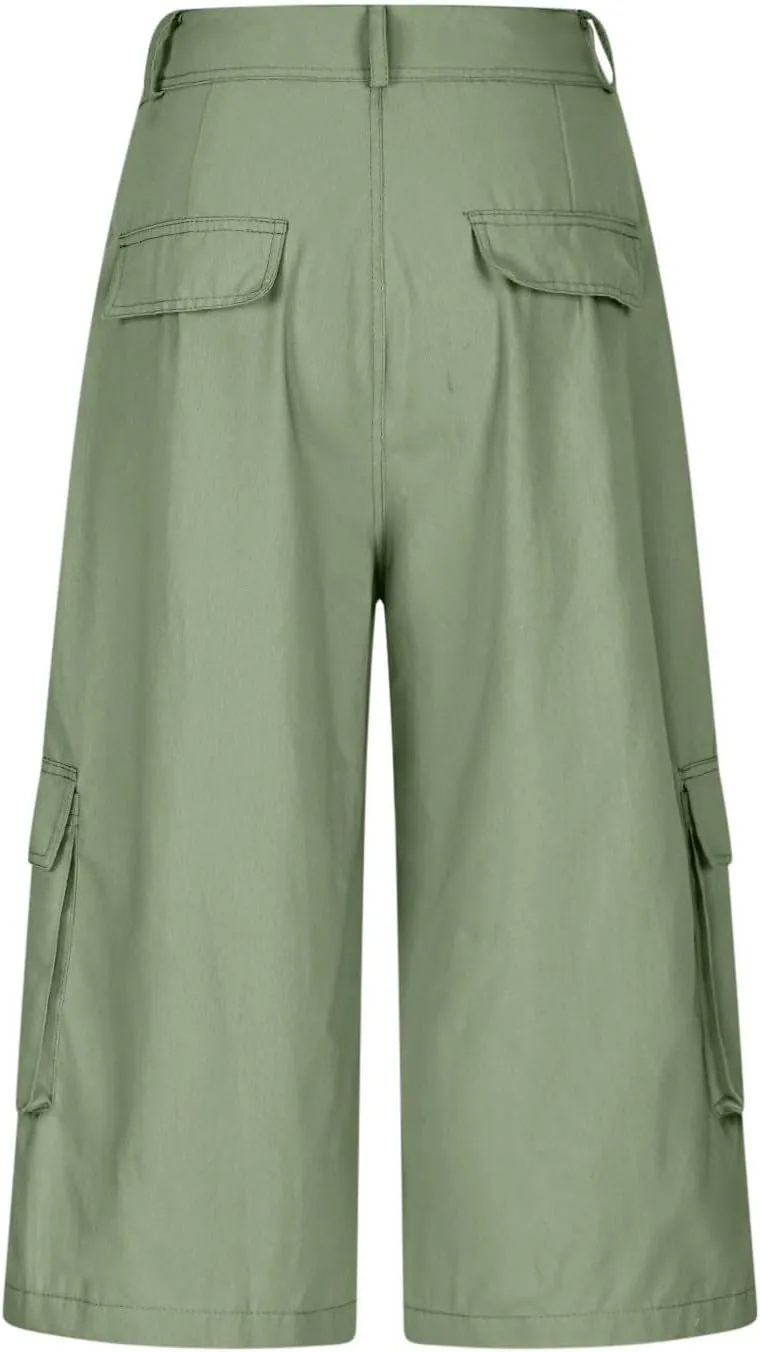 Wide Leg Capri Pants for Women Vintage High Waisted Cargo Capris with Pockets Casual Chino Baggy Cropped Hiking Pants