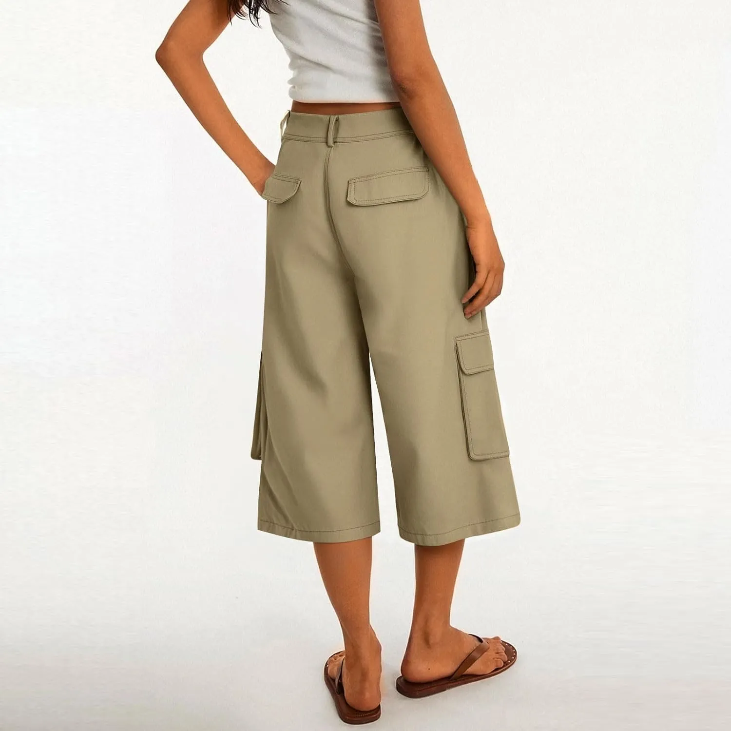 Wide Leg Capri Pants for Women Vintage High Waisted Cargo Capris with Pockets Casual Chino Baggy Cropped Hiking Pants