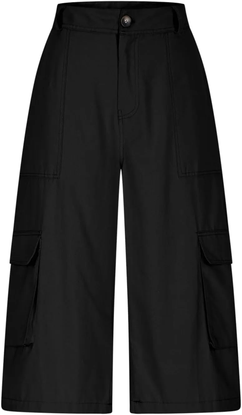 Wide Leg Capri Pants for Women Vintage High Waisted Cargo Capris with Pockets Casual Chino Baggy Cropped Hiking Pants