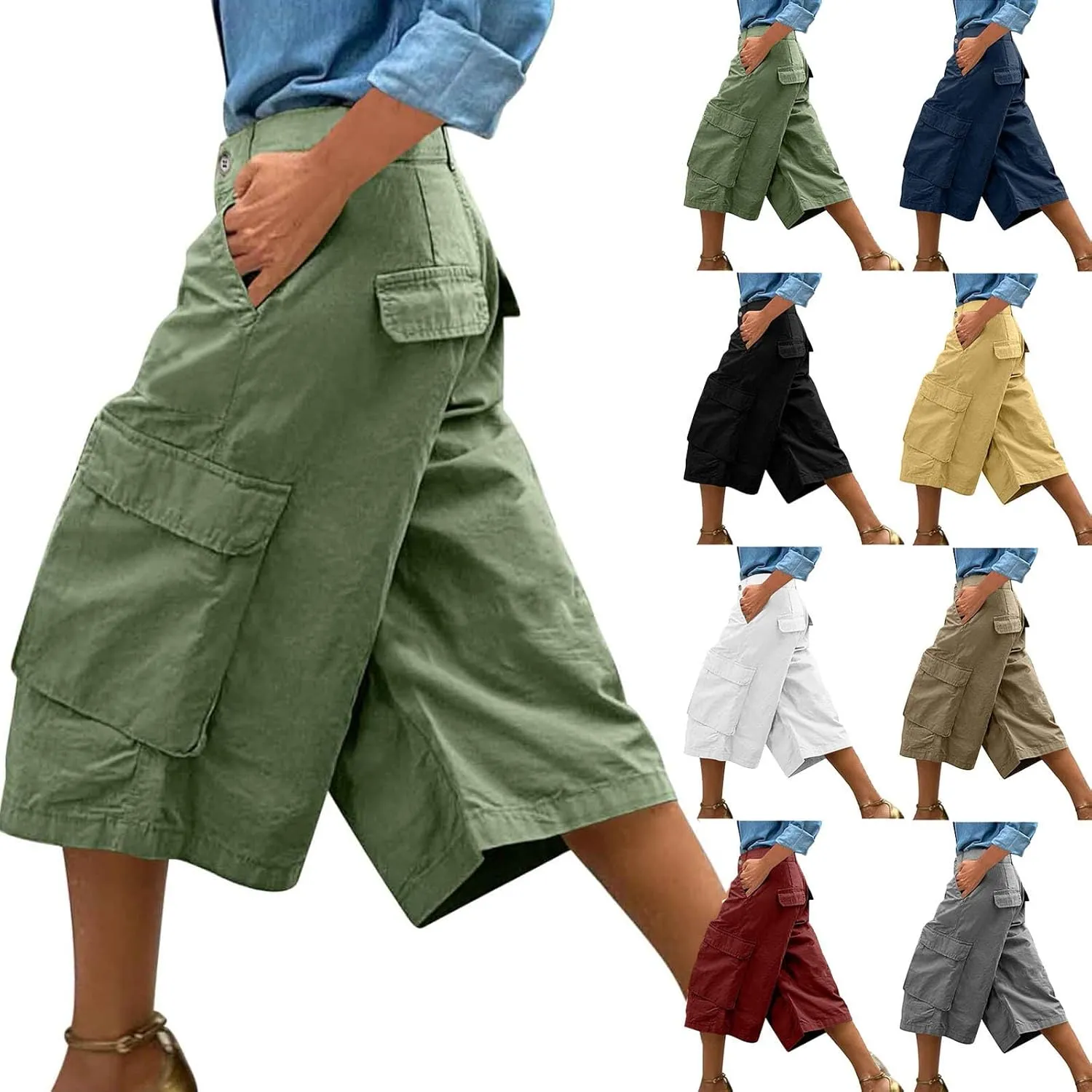 Wide Leg Capri Pants for Women Vintage High Waisted Cargo Capris with Pockets Casual Chino Baggy Cropped Hiking Pants