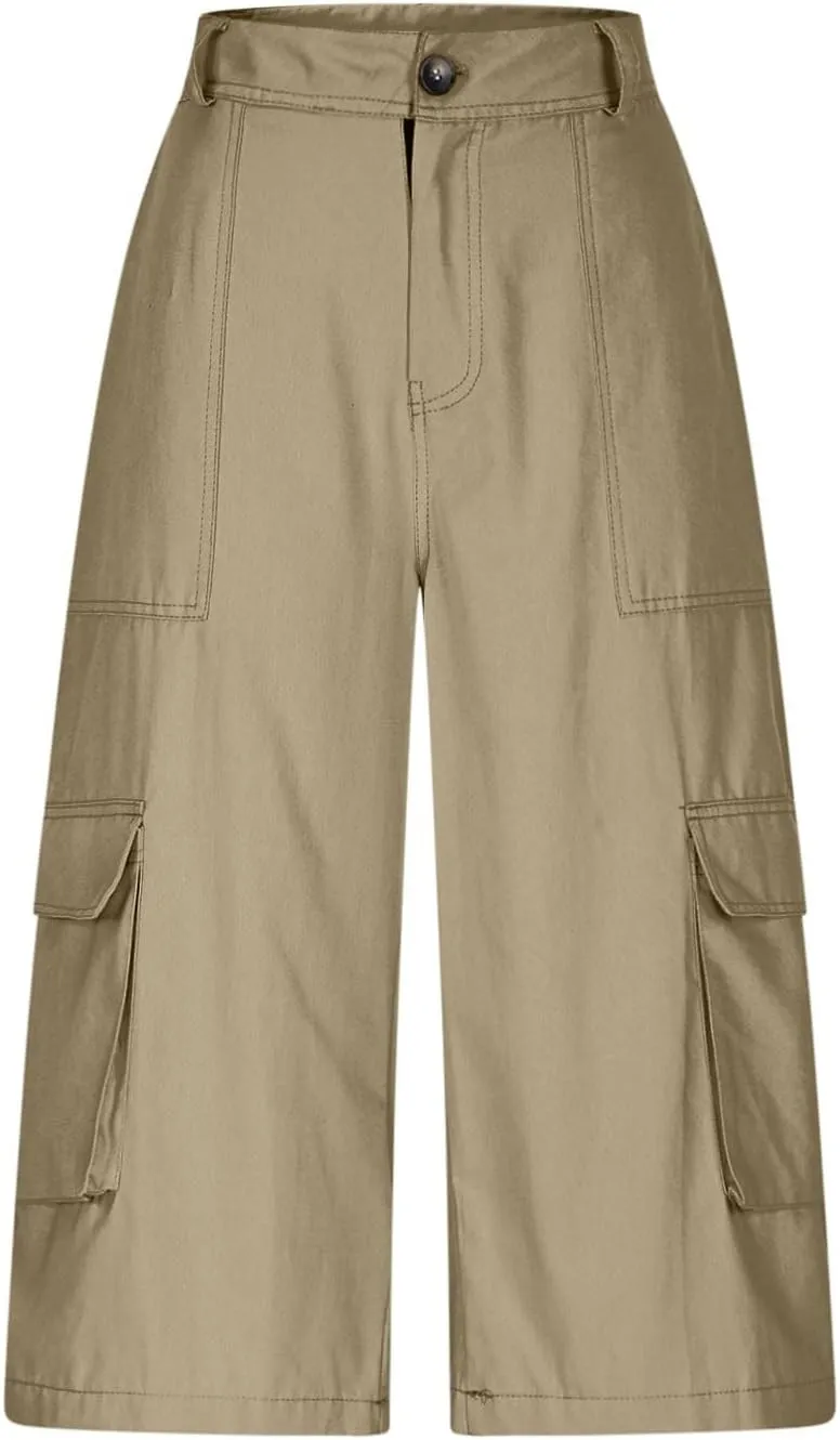 Wide Leg Capri Pants for Women Vintage High Waisted Cargo Capris with Pockets Casual Chino Baggy Cropped Hiking Pants