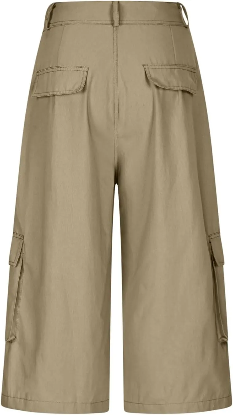 Wide Leg Capri Pants for Women Vintage High Waisted Cargo Capris with Pockets Casual Chino Baggy Cropped Hiking Pants