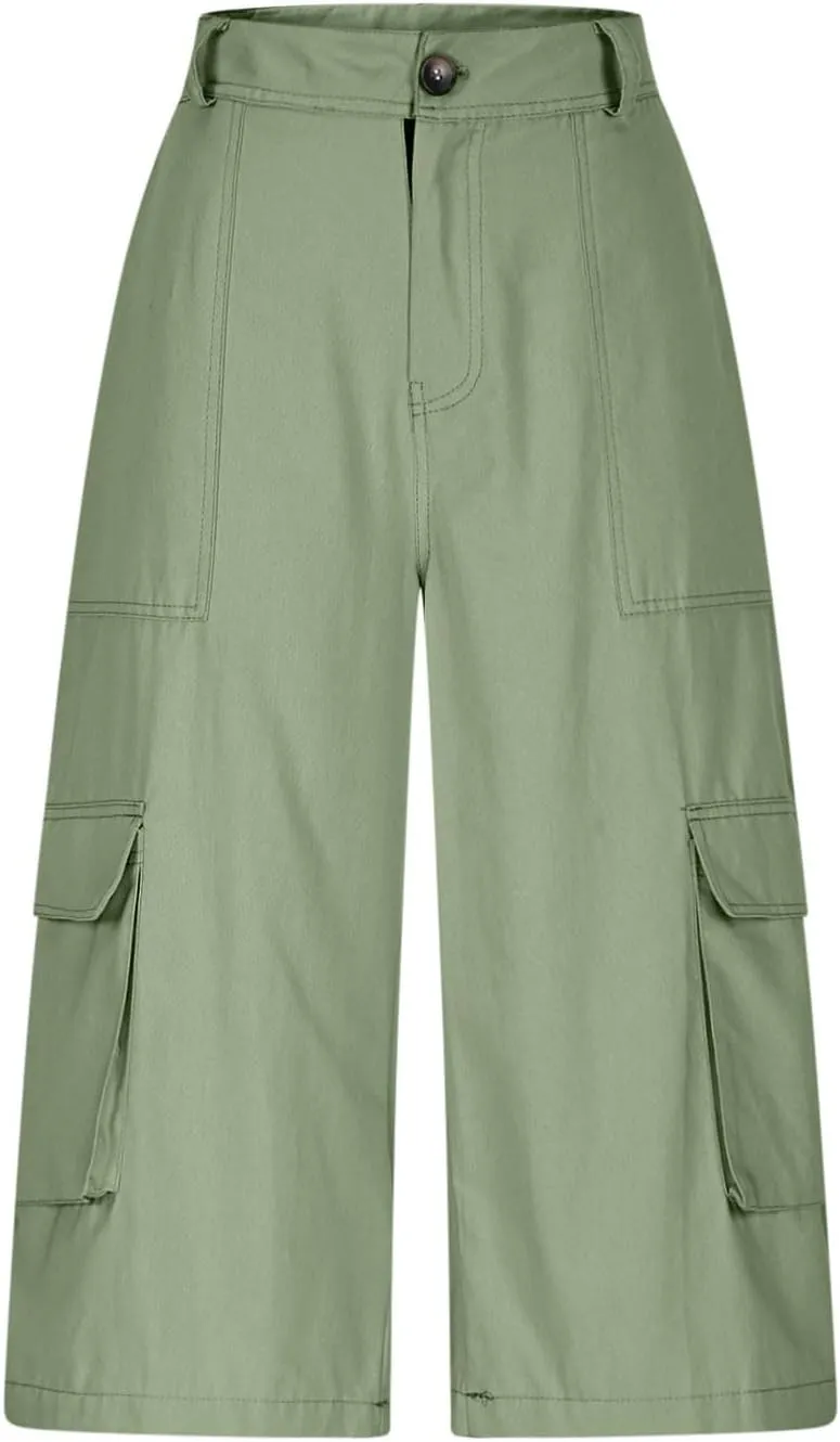 Wide Leg Capri Pants for Women Vintage High Waisted Cargo Capris with Pockets Casual Chino Baggy Cropped Hiking Pants