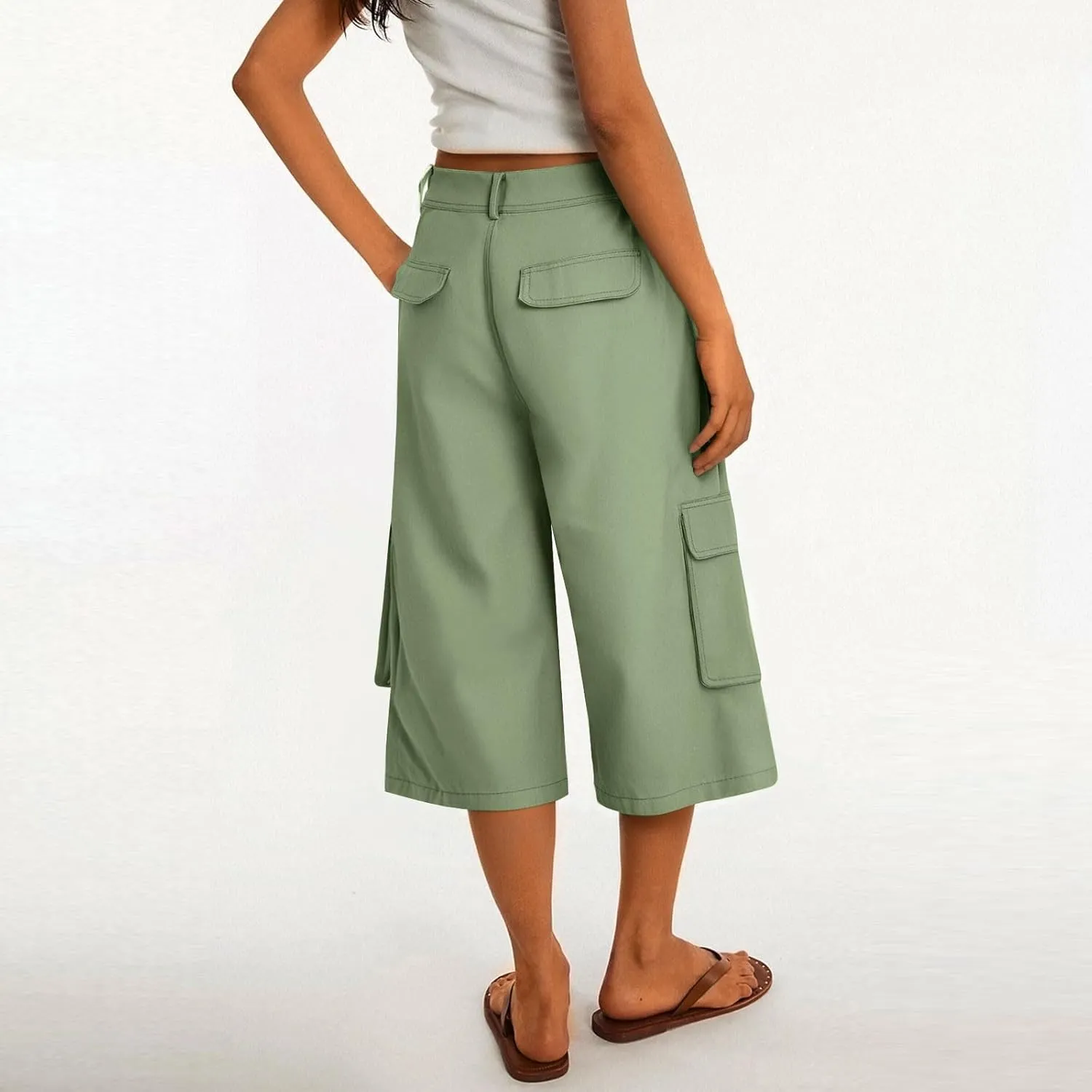 Wide Leg Capri Pants for Women Vintage High Waisted Cargo Capris with Pockets Casual Chino Baggy Cropped Hiking Pants