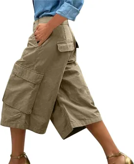 Wide Leg Capri Pants for Women Vintage High Waisted Cargo Capris with Pockets Casual Chino Baggy Cropped Hiking Pants