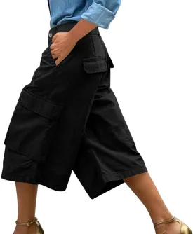 Wide Leg Capri Pants for Women Vintage High Waisted Cargo Capris with Pockets Casual Chino Baggy Cropped Hiking Pants
