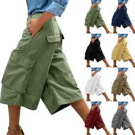 Wide Leg Capri Pants for Women Vintage High Waisted Cargo Capris with Pockets Casual Chino Baggy Cropped Hiking Pants