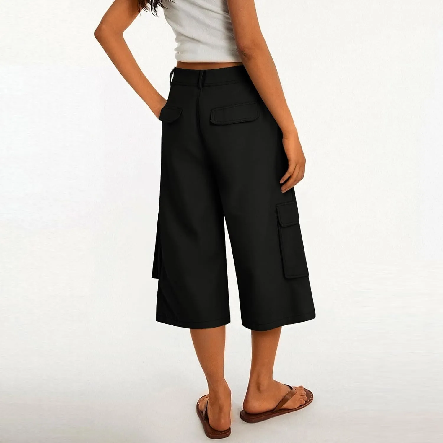 Wide Leg Capri Pants for Women Vintage High Waisted Cargo Capris with Pockets Casual Chino Baggy Cropped Hiking Pants