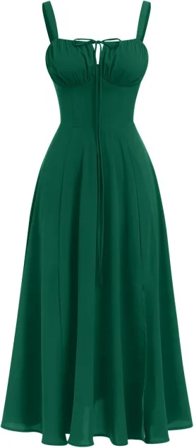 Women Floral Corset Dress Summer Dress 2024 Boho Flowy Slit Lace Up Midi Dresses Going Out A Line Casual Sundress