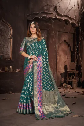 Women Party Wear Weaving Leherai Silk Green colour Saree with Un-Stitched Blouse