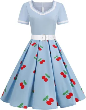 Women Short Sleeve 1950s Retro Vintage Cocktail Party Swing Dress Polka Dot Audrey Dress Casual A-Line Work Dress with Belt