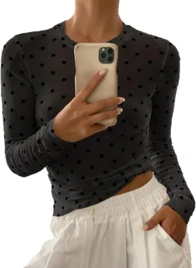 Women Trendy Crew Neck Polka Dot Sheer Mesh Blouse Sexy Slim Fit Long Sleeve See Through Crop Shirt Fall Clubwear