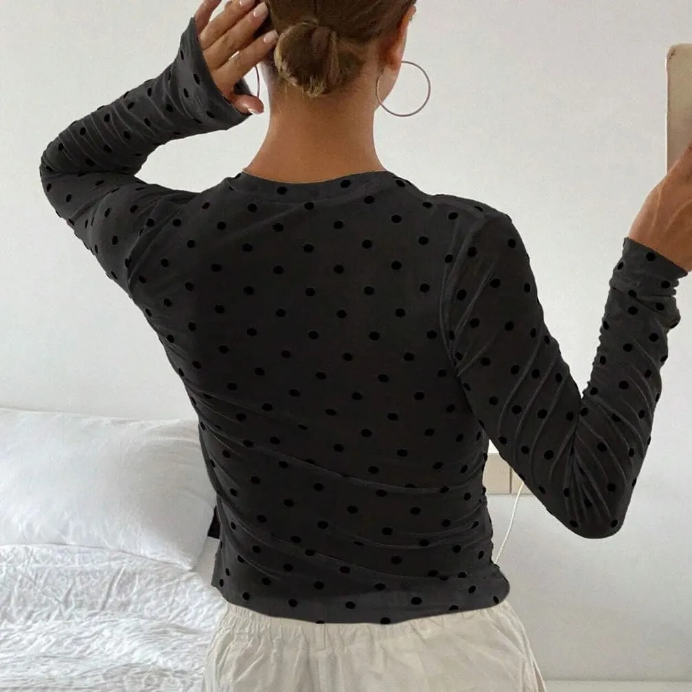 Women Trendy Crew Neck Polka Dot Sheer Mesh Blouse Sexy Slim Fit Long Sleeve See Through Crop Shirt Fall Clubwear