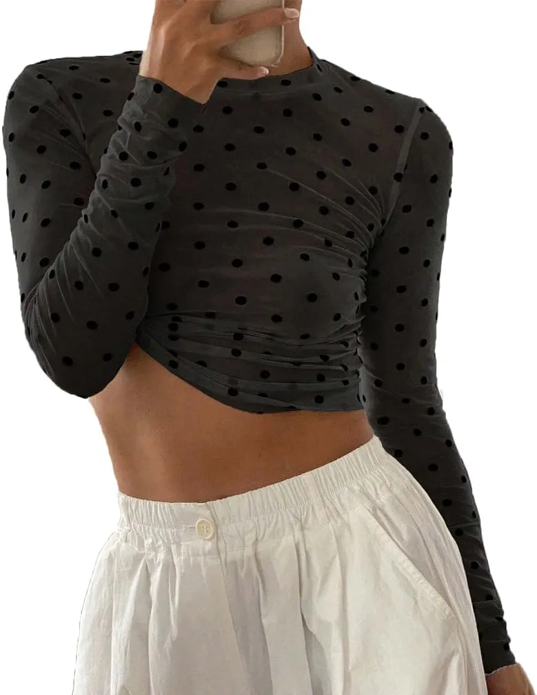 Women Trendy Crew Neck Polka Dot Sheer Mesh Blouse Sexy Slim Fit Long Sleeve See Through Crop Shirt Fall Clubwear