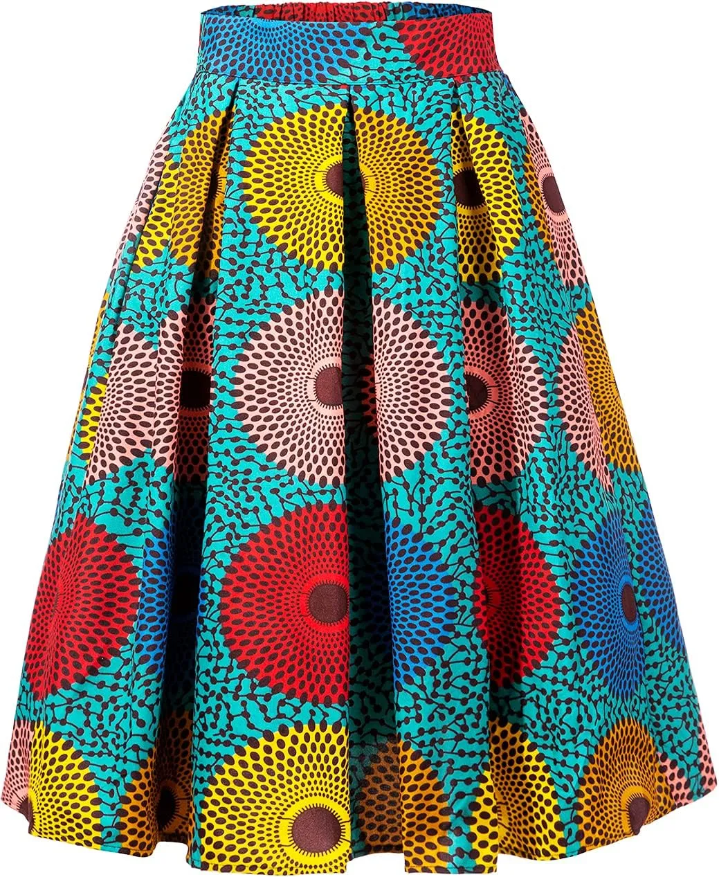 Women's Afriacn High Waist Vintage Skirt Ankara Pleated Midi Skirt with Pockets