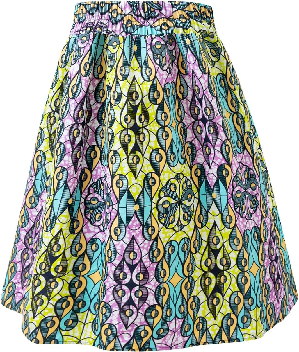 Women's Afriacn High Waist Vintage Skirt Ankara Pleated Midi Skirt with Pockets