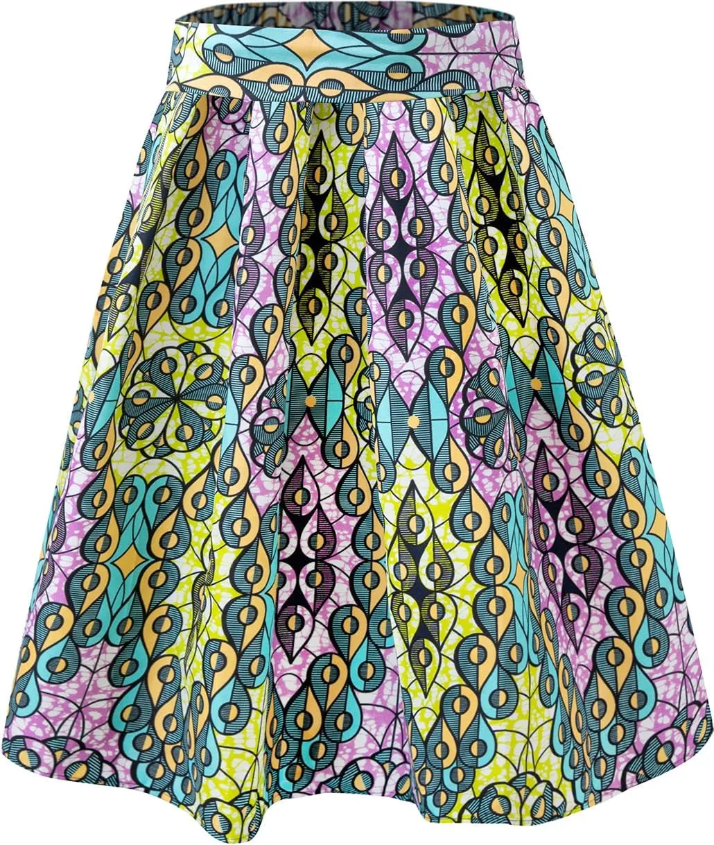 Women's Afriacn High Waist Vintage Skirt Ankara Pleated Midi Skirt with Pockets
