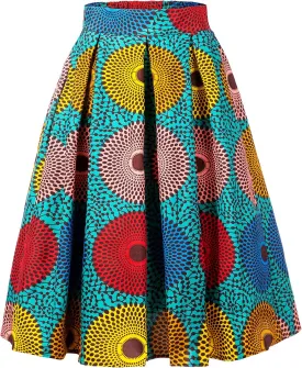 Women's Afriacn High Waist Vintage Skirt Ankara Pleated Midi Skirt with Pockets