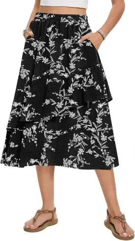 Women's Boho Tiered Midi Skirt Vintage Summer Elastic High Waist Skirt Ruffle A-Line Flowy Skirts with Pockets