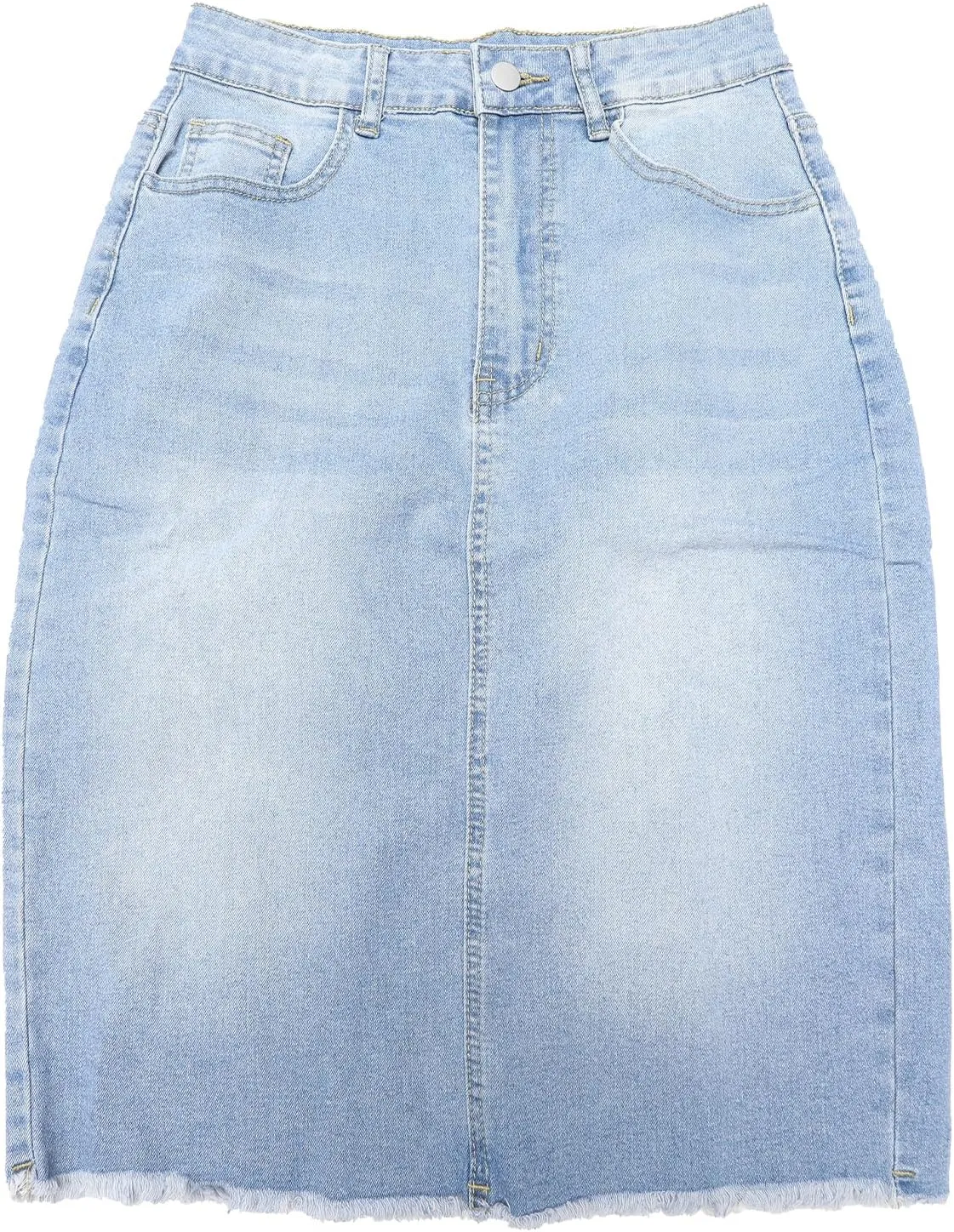 Women's Denim Skirt High Waist Raw Hem Pockets Stretch Bodycon Pencil Skirt Knee Length Jean Skirts