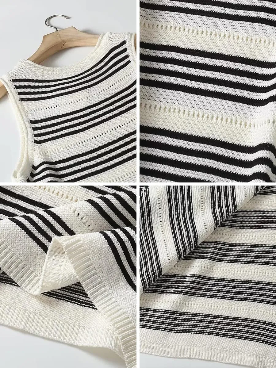 Womens Knit Side Slit Striped Long Tank Dress Bodycon Casual Midi Sundress Sleeveless Summer Dresses Hollow Out