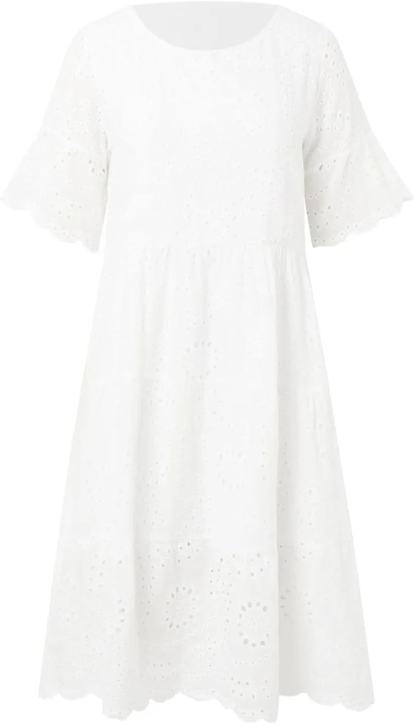Women's Lace Eyelet Short Sleeve Tiered Midi Long Dress Ruffle Hem Cute Babydoll Short Dress 2024