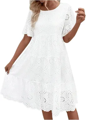 Women's Lace Eyelet Short Sleeve Tiered Midi Long Dress Ruffle Hem Cute Babydoll Short Dress 2024
