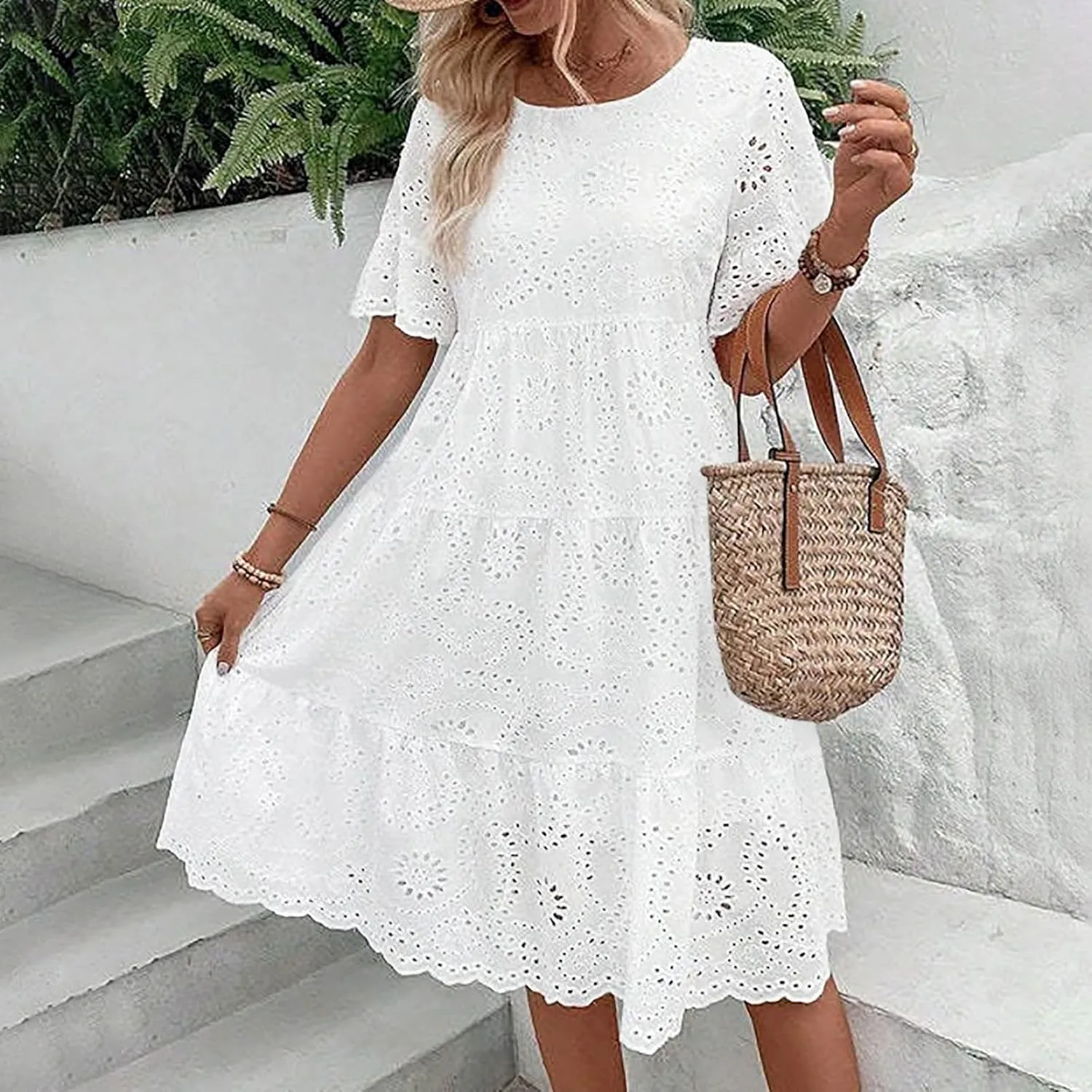 Women's Lace Eyelet Short Sleeve Tiered Midi Long Dress Ruffle Hem Cute Babydoll Short Dress 2024