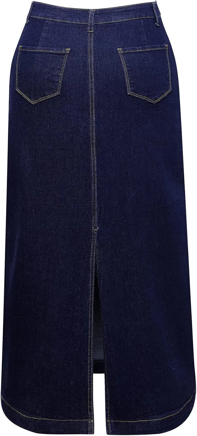 Women's Maxi Pencil Jean Skirt- High Waisted A-Line Long Denim Skirts for Ladies- Blue Jean Skirt
