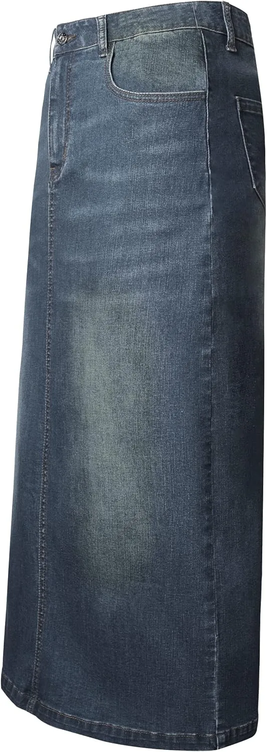 Women's Maxi Pencil Jean Skirt- High Waisted A-Line Long Denim Skirts for Ladies- Blue Jean Skirt