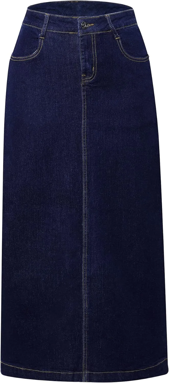 Women's Maxi Pencil Jean Skirt- High Waisted A-Line Long Denim Skirts for Ladies- Blue Jean Skirt