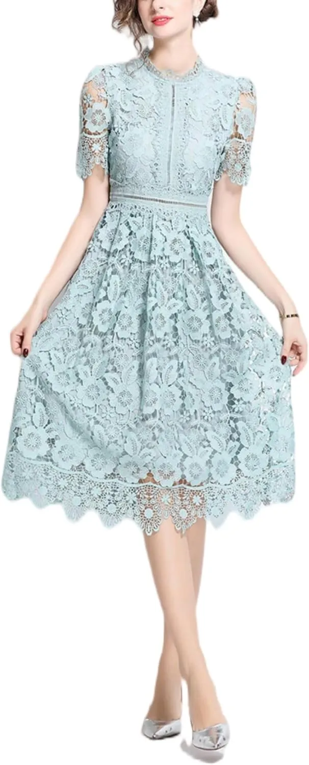 Women's Short Dress Vintage Lace Elegant Floral Summer Casual Midi Dresses