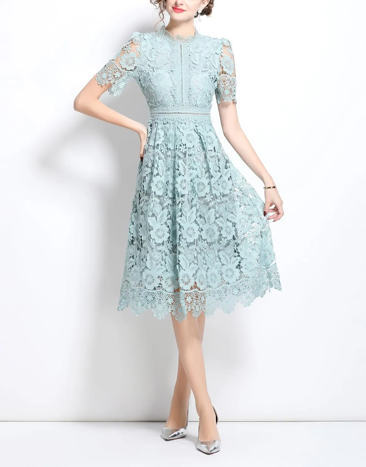 Women's Short Dress Vintage Lace Elegant Floral Summer Casual Midi Dresses