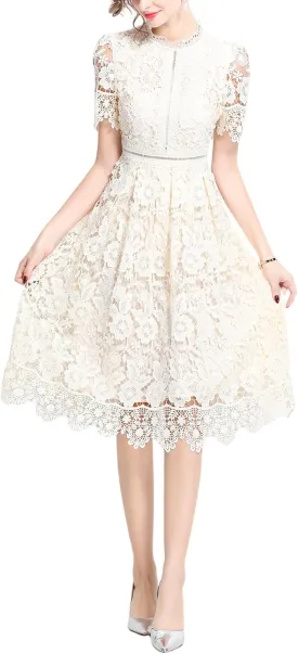 Women's Short Dress Vintage Lace Elegant Floral Summer Casual Midi Dresses