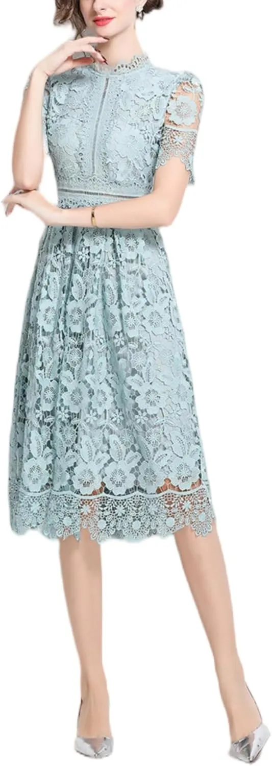 Women's Short Dress Vintage Lace Elegant Floral Summer Casual Midi Dresses