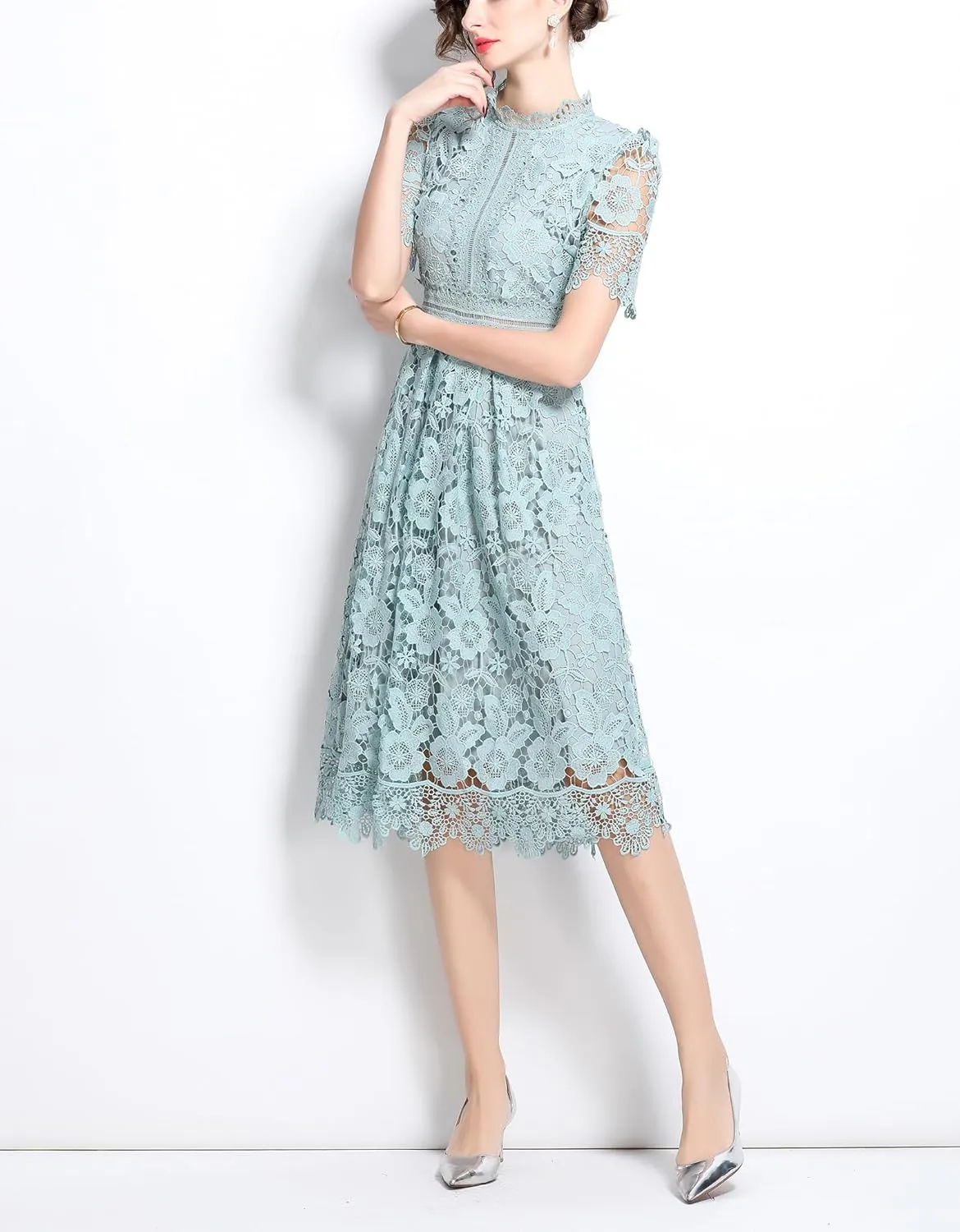Women's Short Dress Vintage Lace Elegant Floral Summer Casual Midi Dresses