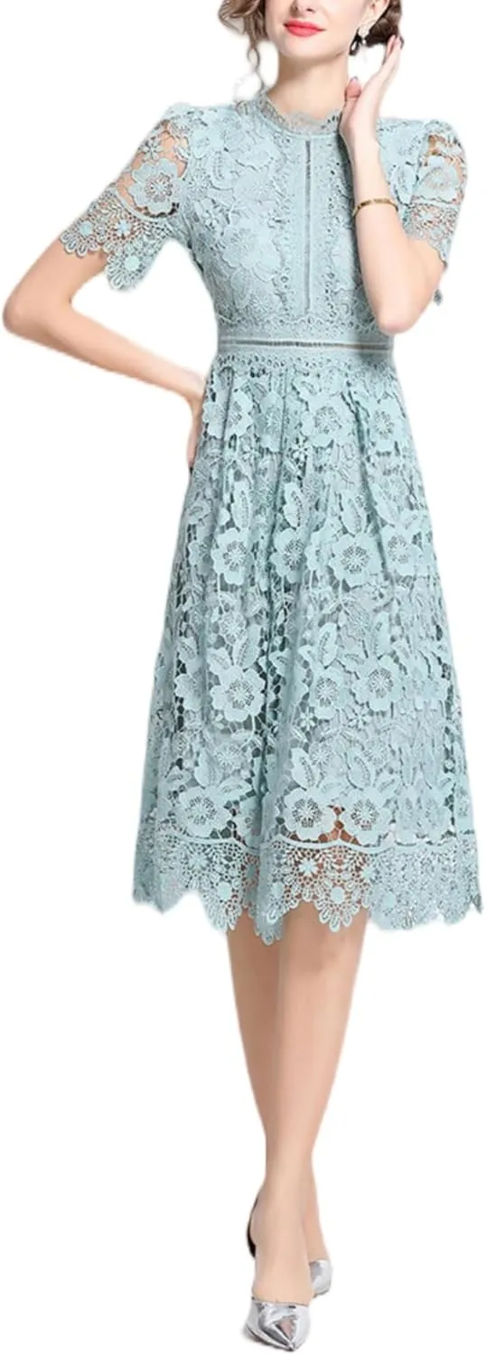 Women's Short Dress Vintage Lace Elegant Floral Summer Casual Midi Dresses