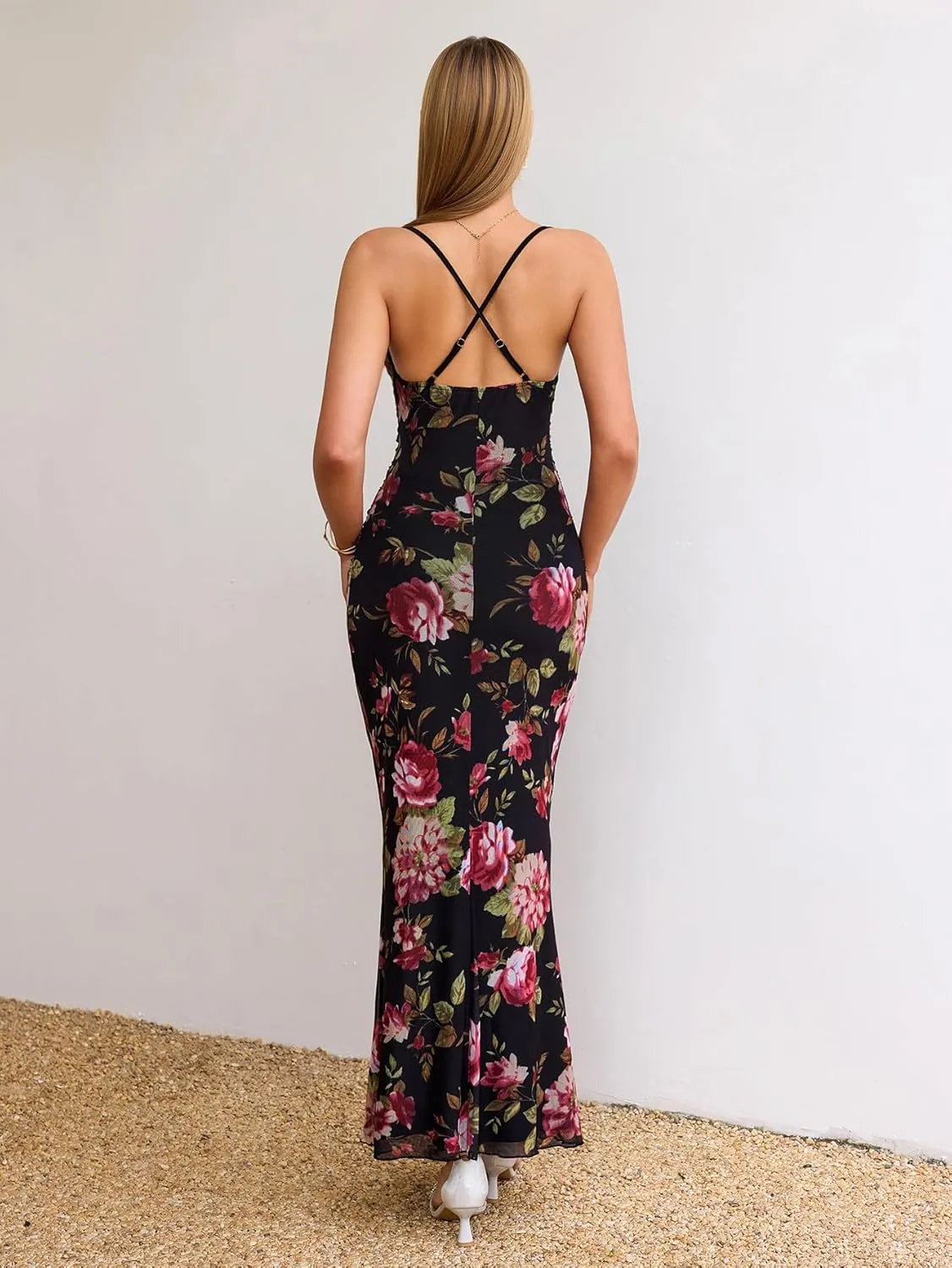 Women's Summer Floral Spaghetti Strap Maxi Dress Sleeveless Ruched Mesh Bodycon Long Wedding Guest Dresses