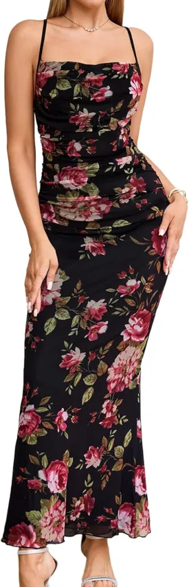 Women's Summer Floral Spaghetti Strap Maxi Dress Sleeveless Ruched Mesh Bodycon Long Wedding Guest Dresses