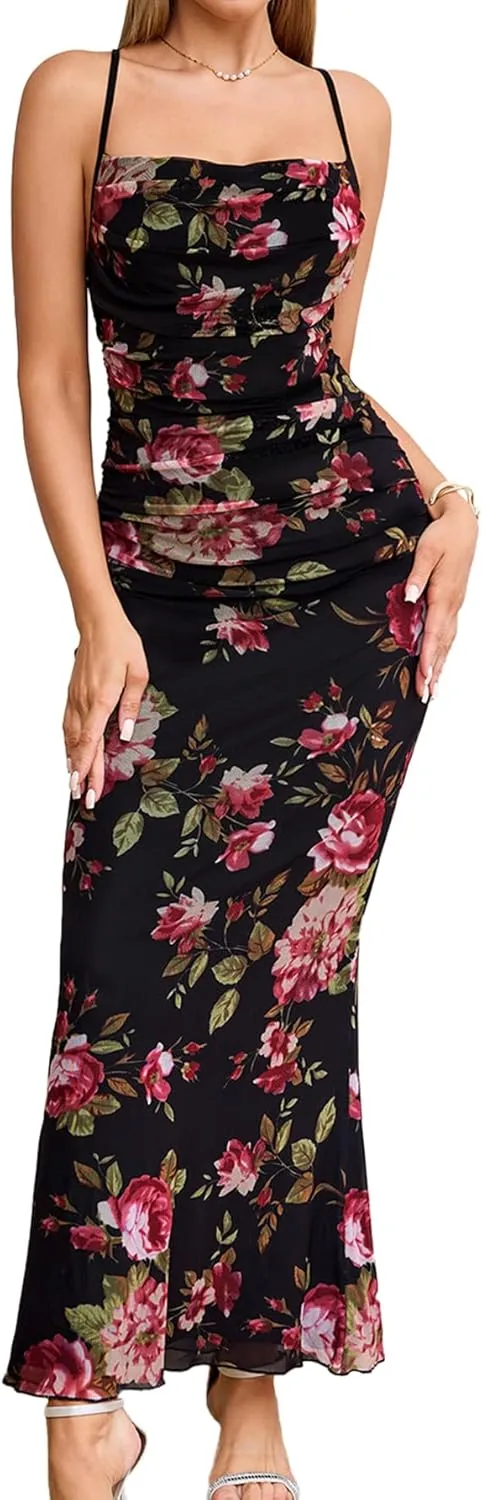 Women's Summer Floral Spaghetti Strap Maxi Dress Sleeveless Ruched Mesh Bodycon Long Wedding Guest Dresses
