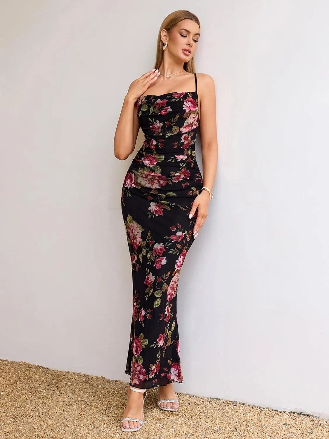 Women's Summer Floral Spaghetti Strap Maxi Dress Sleeveless Ruched Mesh Bodycon Long Wedding Guest Dresses