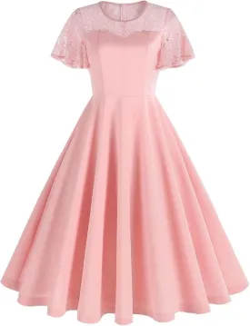 Women's Vintage Elegant Lace Swing Dress Solid Color Trumpet Sleeve A-Line Party Prom Dresses