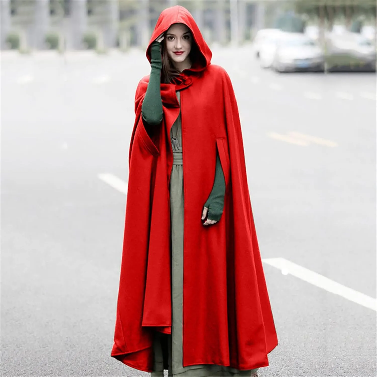 XUNRYAN Womens Cloak Wool Blend Cape Coat Hooded Cloak Maxi Long Cardigans Open Front Poncho Outwear Halloween Costume